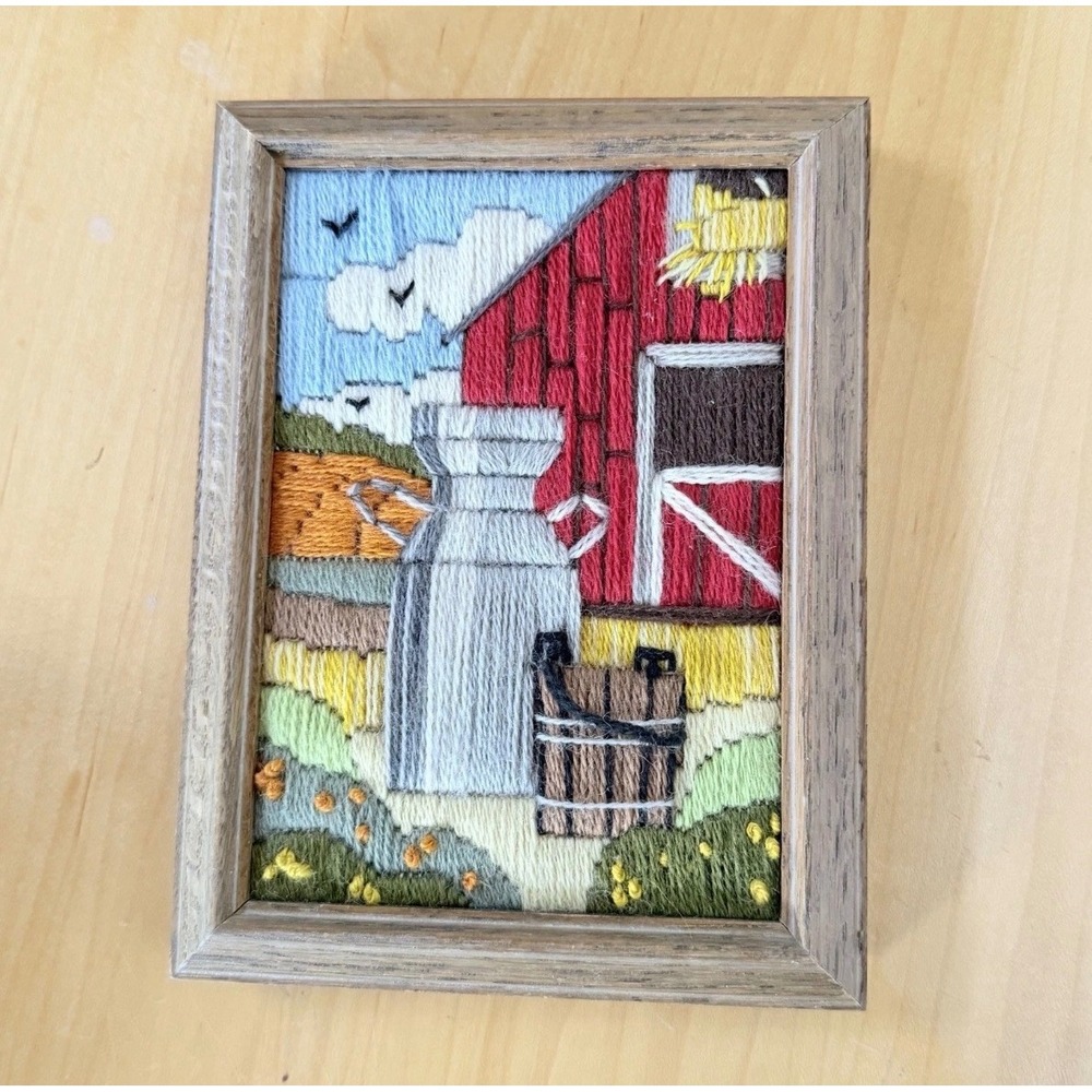 Vintage Handmade Crewel Framed Art Red Barn Farm Scene Milk Jug Folk Art 6 x 8 i